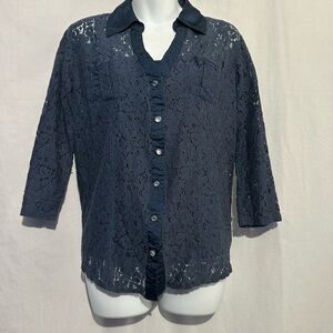 Signature Studio Navy Blue Lace Overlay Blouse | Women’s Medium | Elegant Dress